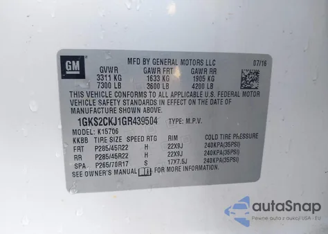2016 GMC Yukon Denali z USA, uszkodzony, nr VIN 1GKS2CKJ1GR439504